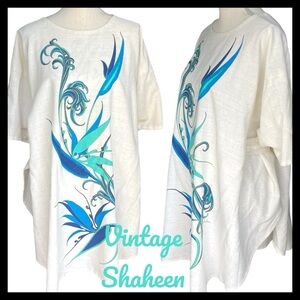 Vintage Shaheen Hand Painted Off White Linen Kaftan Tunic Top Dress (O/S)